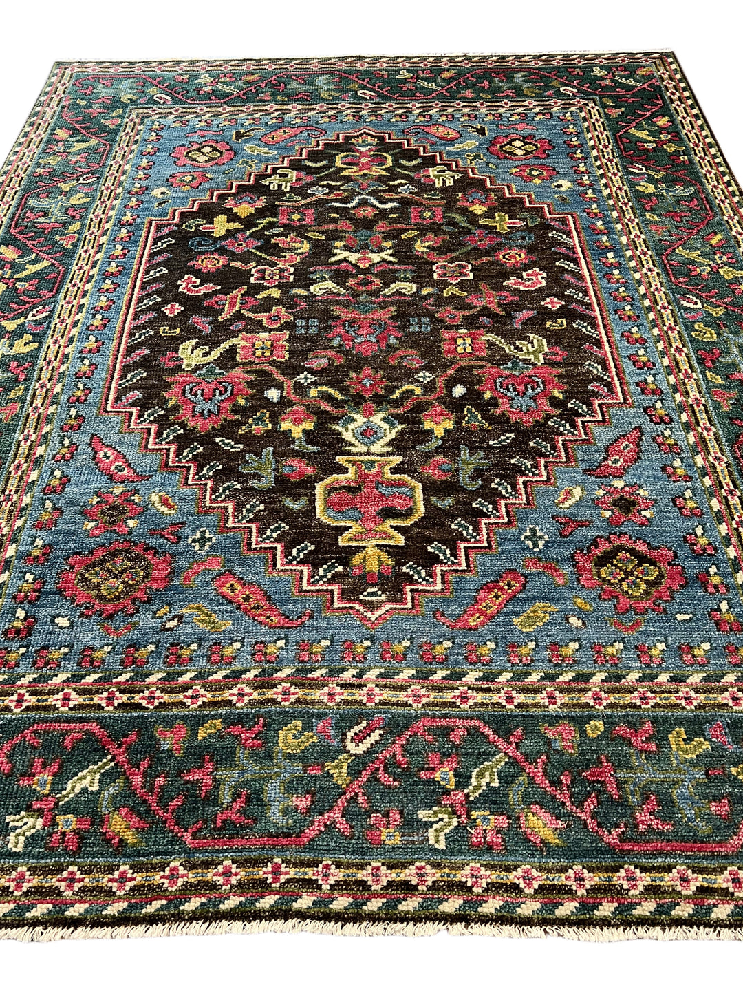 Dark Brown, Blue &amp; Deep Green Floral Medallion Area Rug – 7’9” x 9’9”
