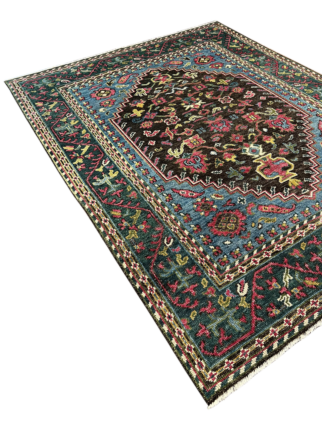 Dark Brown, Blue &amp; Deep Green Floral Medallion Area Rug – 7’9” x 9’9”