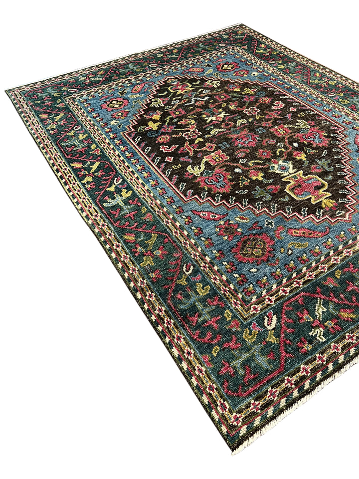 Dark Brown, Blue &amp; Deep Green Floral Medallion Area Rug – 7’9” x 9’9”