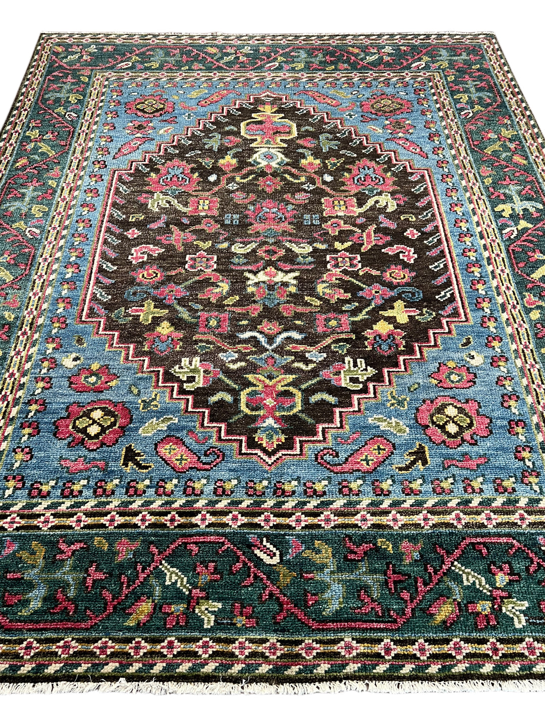 Dark Brown, Blue &amp; Deep Green Floral Medallion Area Rug – 7’9” x 9’9”
