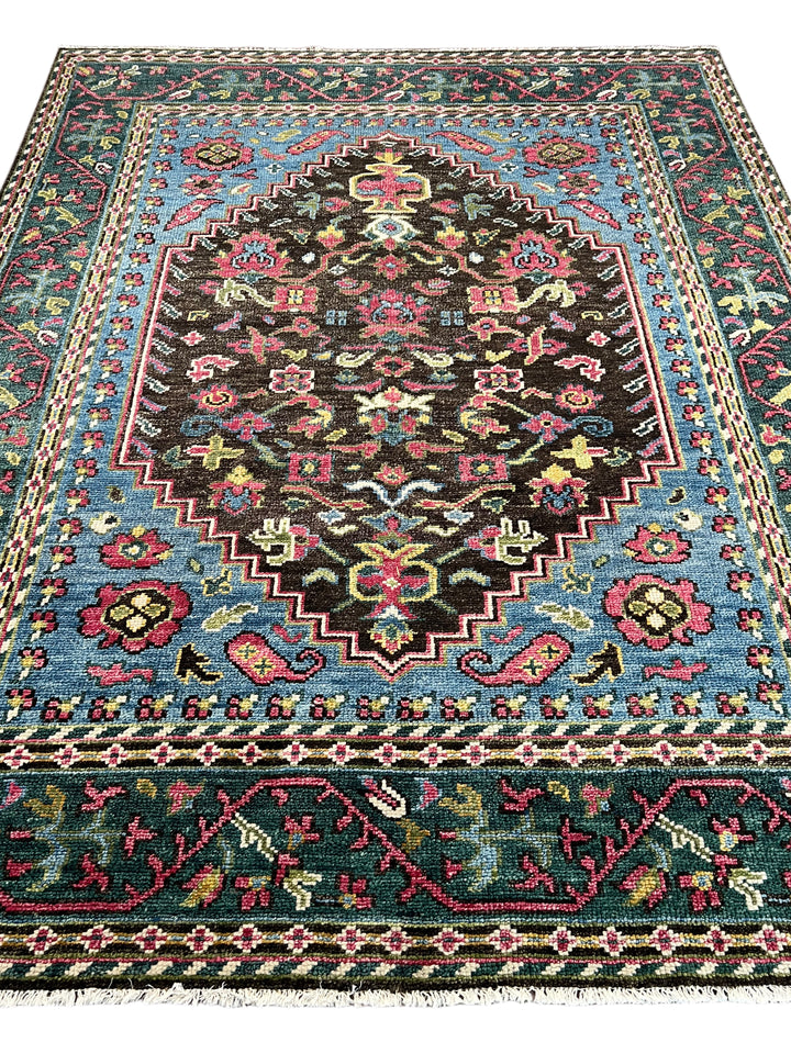 Dark Brown, Blue &amp; Deep Green Floral Medallion Area Rug – 7’9” x 9’9”