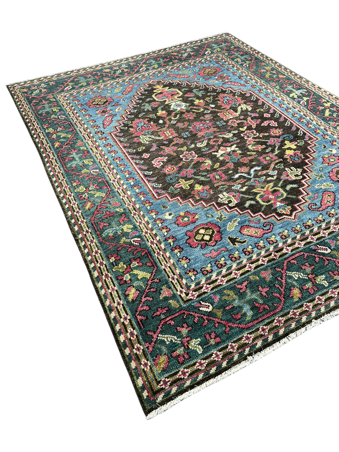 Dark Brown, Blue &amp; Deep Green Floral Medallion Area Rug – 7’9” x 9’9”