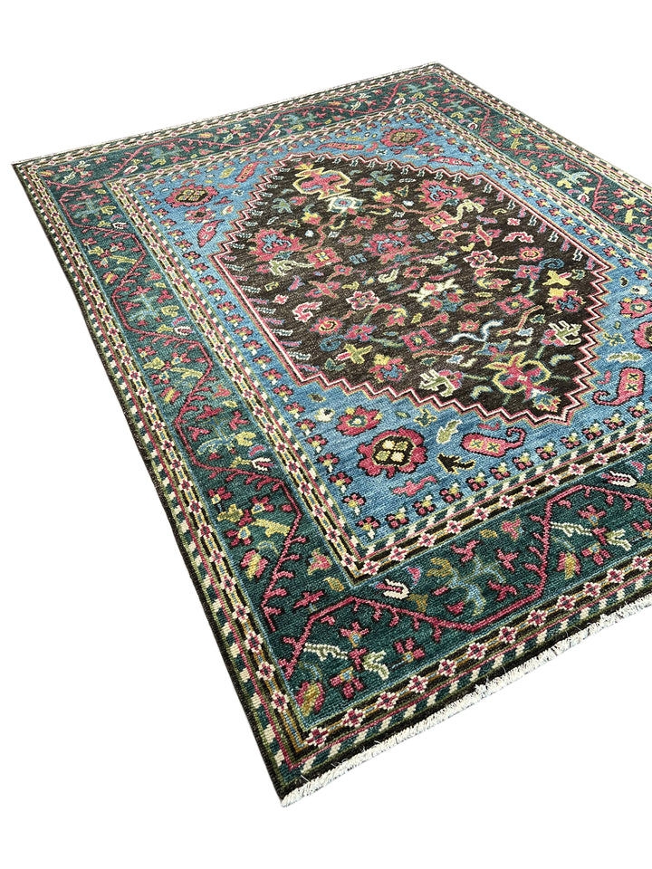 Dark Brown, Blue &amp; Deep Green Floral Medallion Area Rug – 7’9” x 9’9”