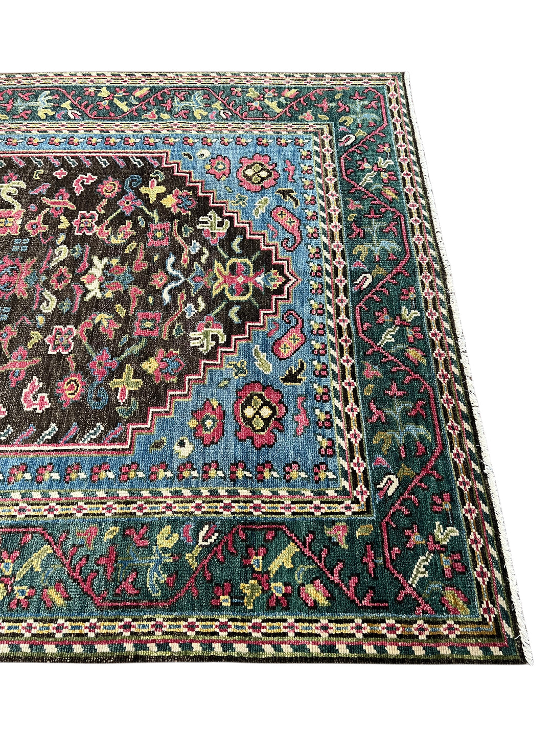 Dark Brown, Blue &amp; Deep Green Floral Medallion Area Rug – 7’9” x 9’9”