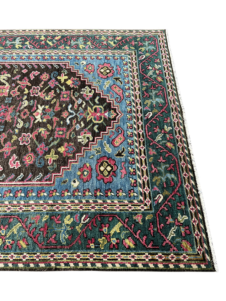 Dark Brown, Blue &amp; Deep Green Floral Medallion Area Rug – 7’9” x 9’9”