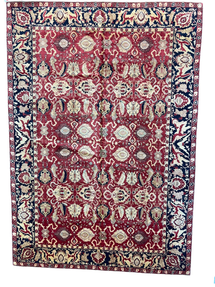 Ruby Red Floral Design Agra Style Wool Rug – 9’9” x 13’9”