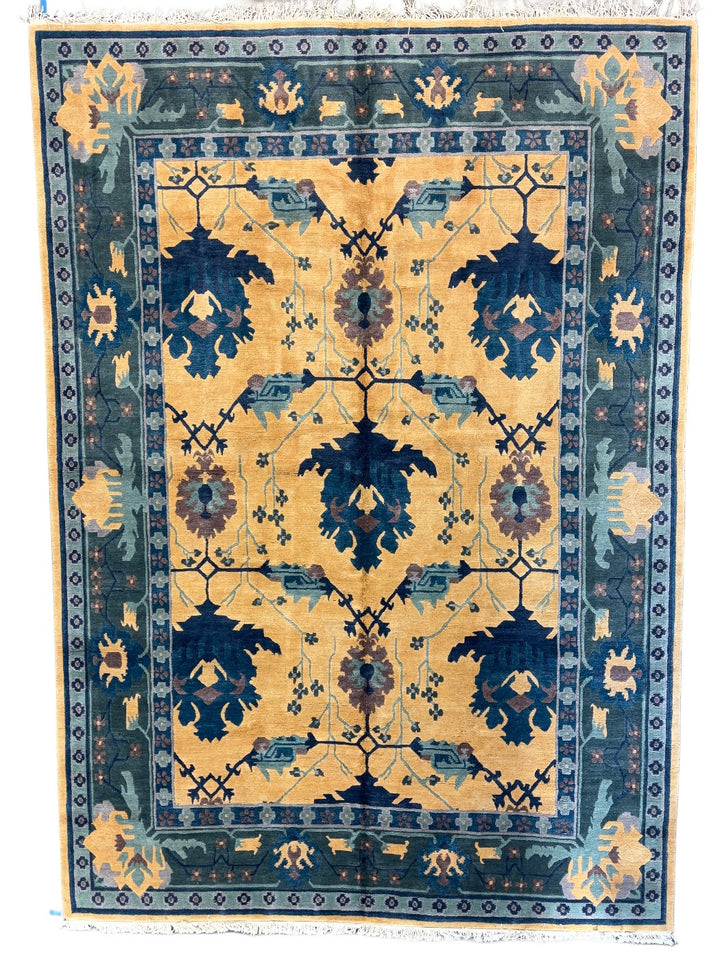 Gold &amp; Blue Traditional Botanical Design Tibetan Wool Rug – 9’9” x 13’10”