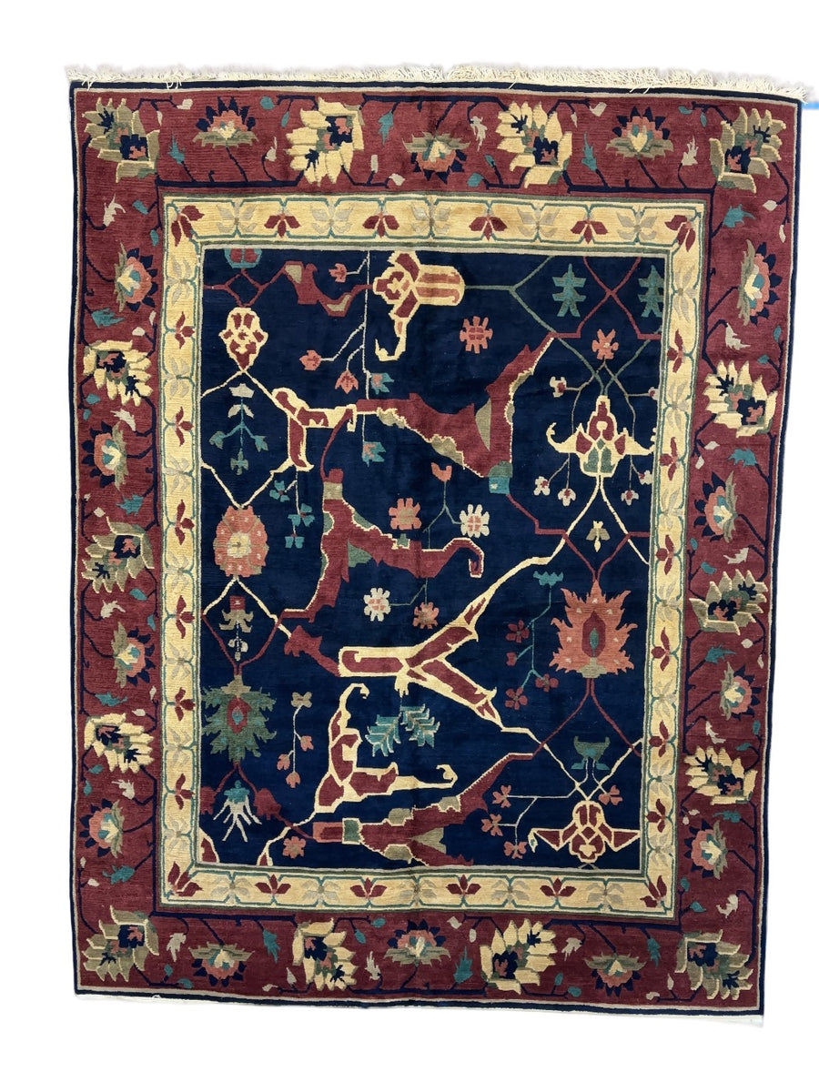 Navy & Burgundy Floral Design Tibetan Wool Rug – 8’8” x 11’5”