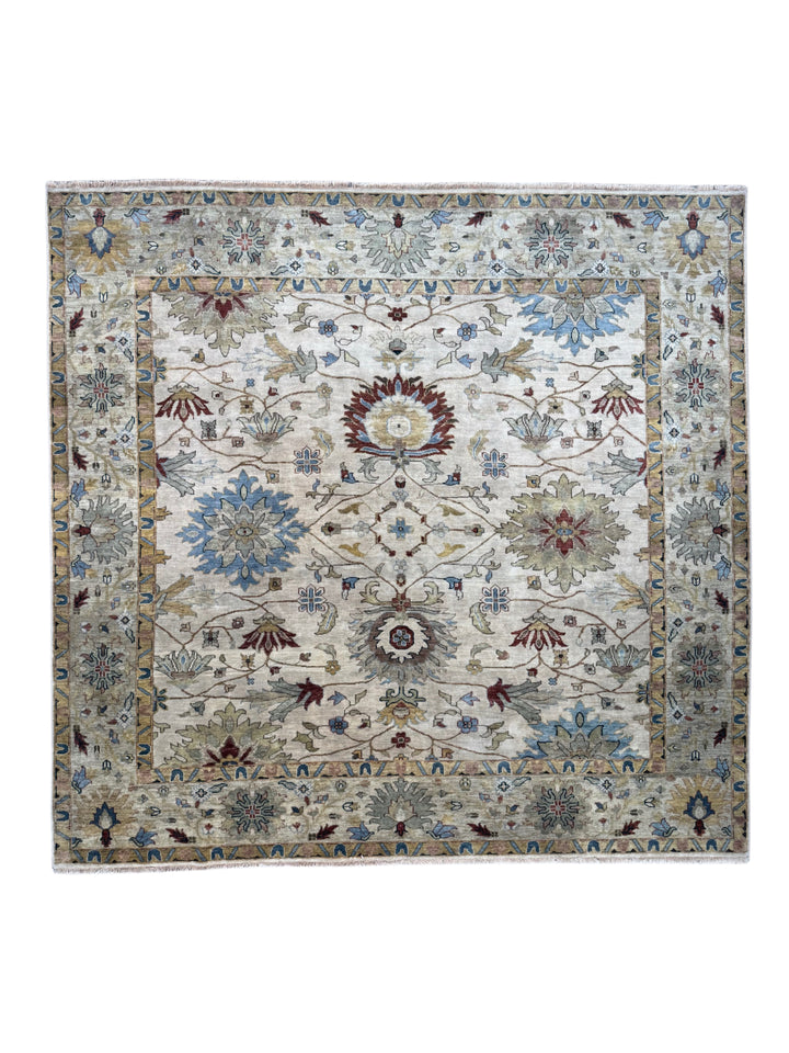 Ivory &amp; Soft Blue Square Indian Agra Style Rug – 9’11” x 10’2”