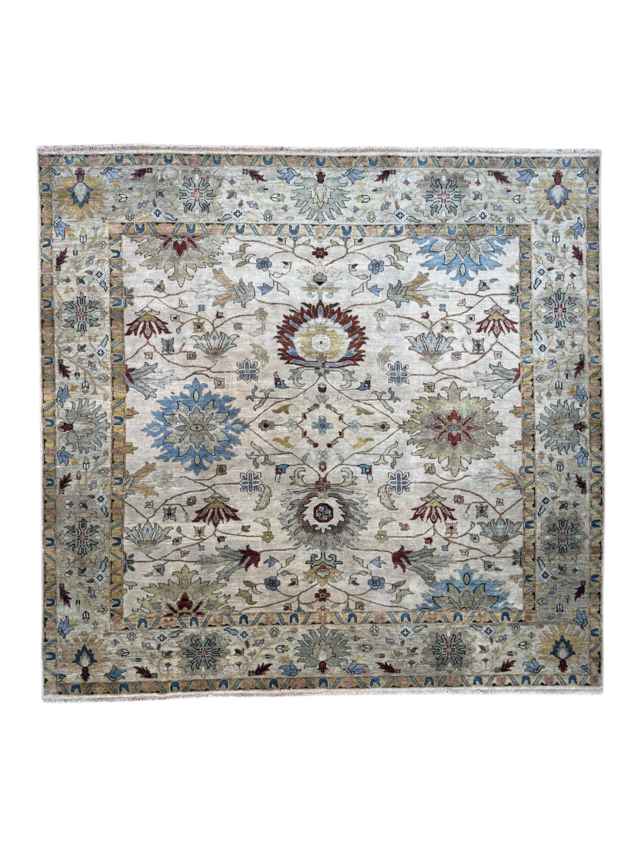 Ivory & Soft Blue Square Indian Agra Style Rug – 9’11” x 10’2”