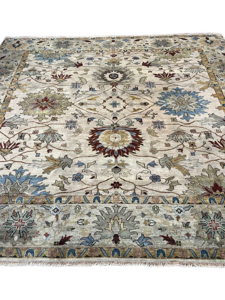 Ivory &amp; Soft Blue Square Indian Agra Style Rug – 9’11” x 10’2”