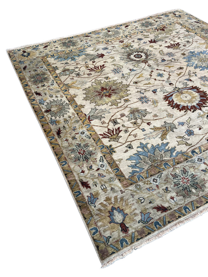 Ivory &amp; Soft Blue Square Indian Agra Style Rug – 9’11” x 10’2”