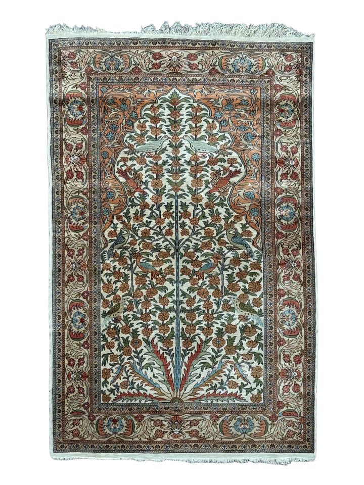 Ivory &amp; Salmon Turkish Silk Tree of Life Rug – 3’1” x 4’11”