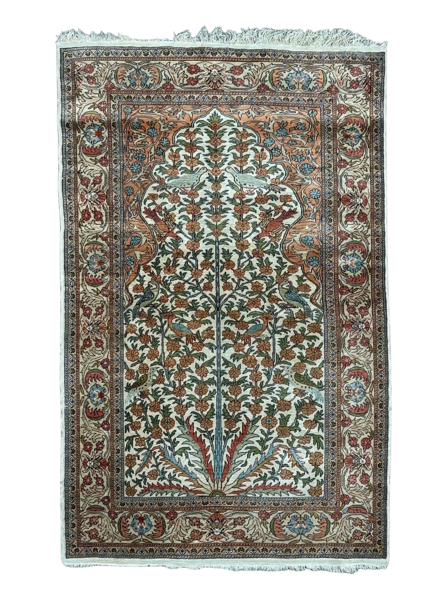 Ivory & Salmon Turkish Silk Tree of Life Rug – 3’1” x 4’11”