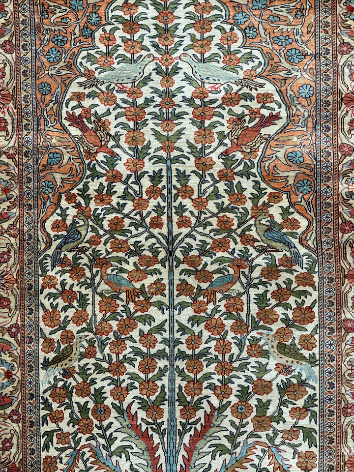 Ivory &amp; Salmon Turkish Silk Tree of Life Rug – 3’1” x 4’11”