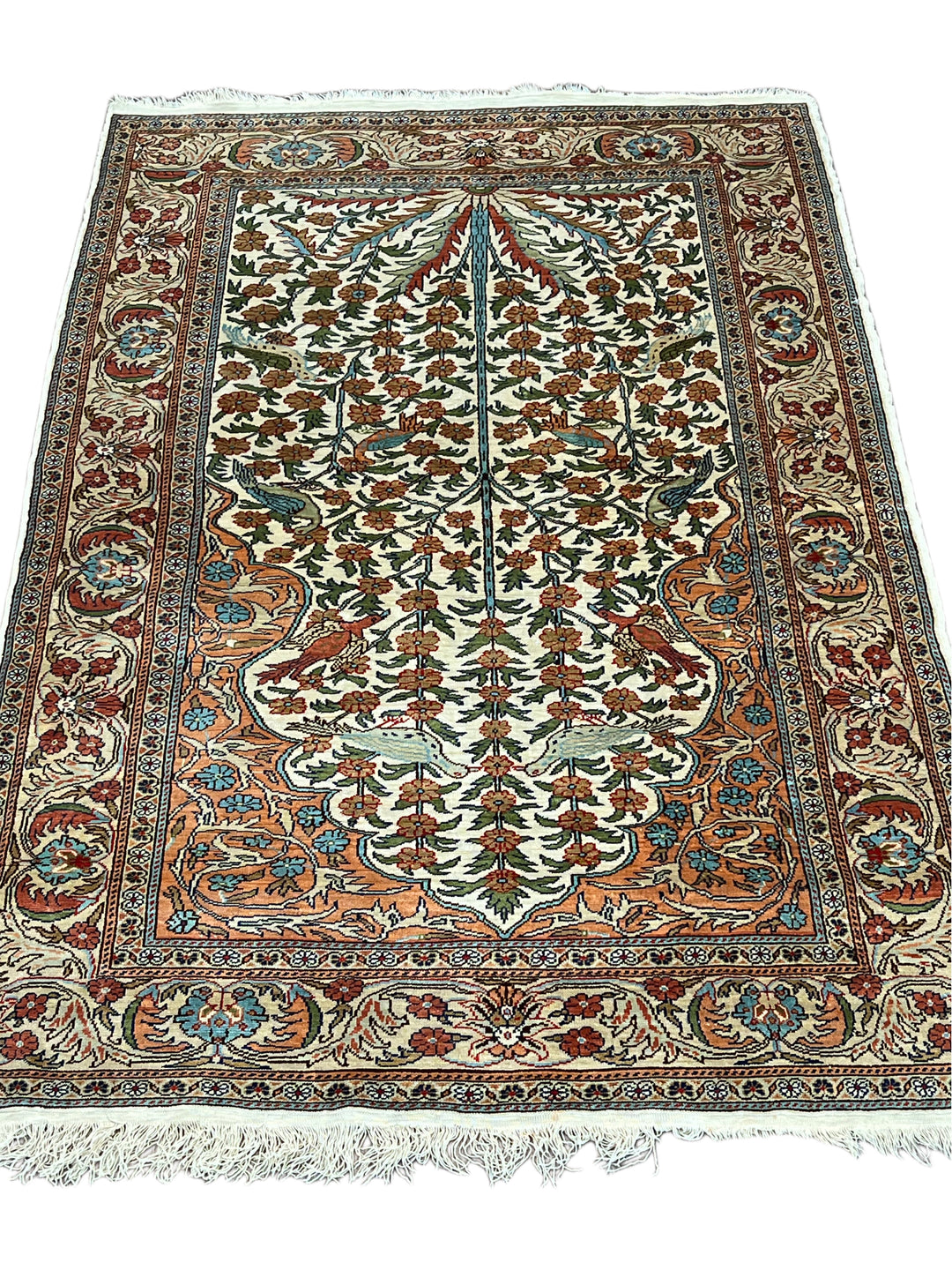 Ivory &amp; Salmon Turkish Silk Tree of Life Rug – 3’1” x 4’11”