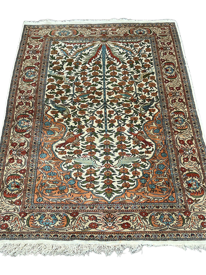 Ivory &amp; Salmon Turkish Silk Tree of Life Rug – 3’1” x 4’11”