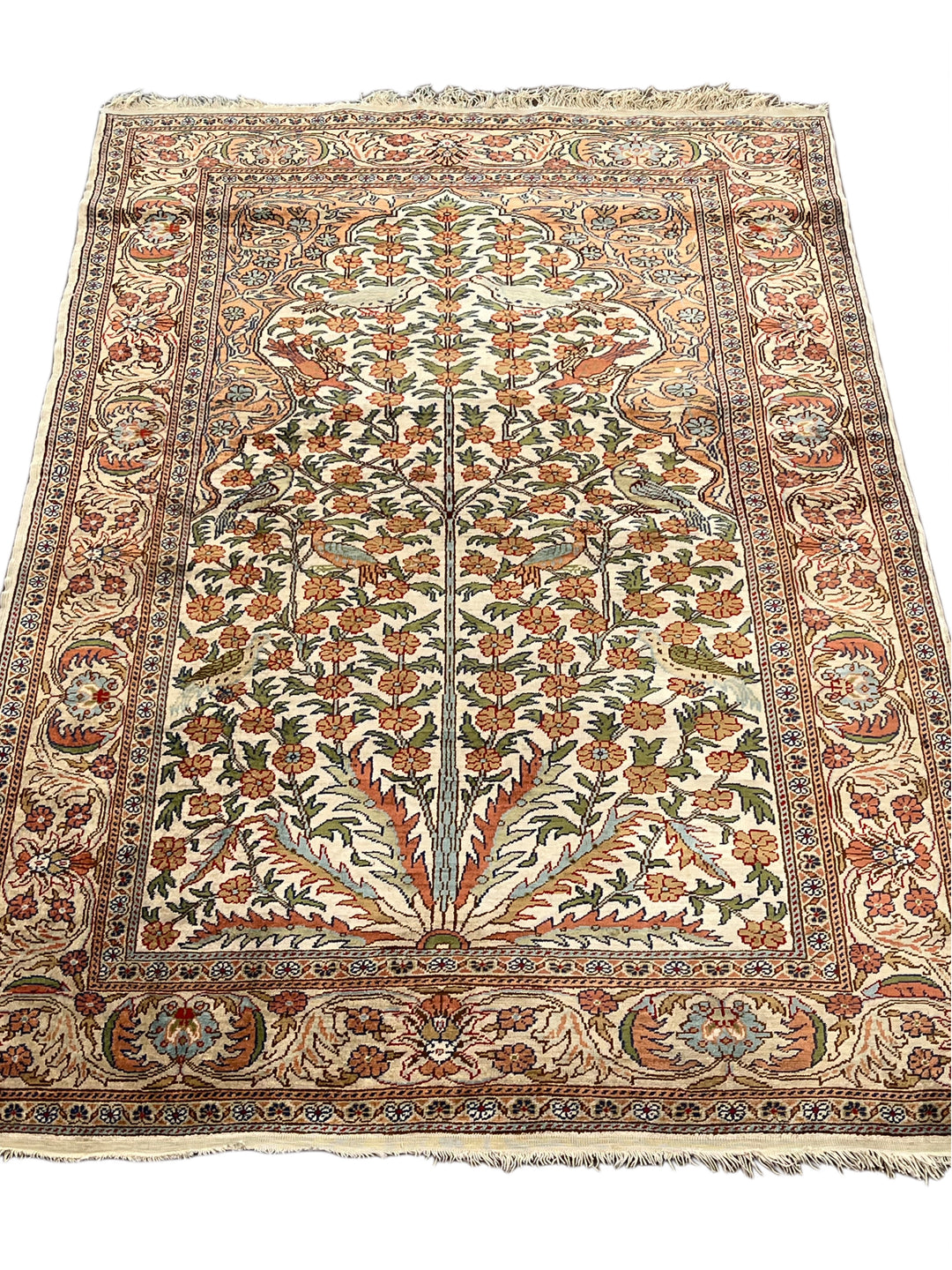 Ivory &amp; Salmon Turkish Silk Tree of Life Rug – 3’1” x 4’11”