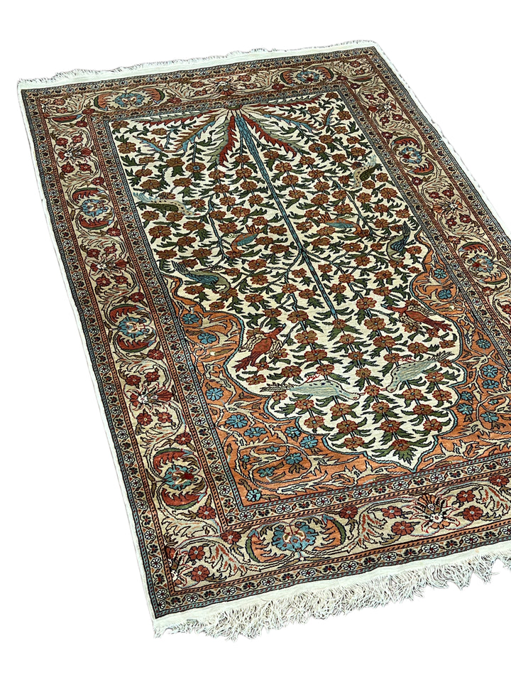 Ivory &amp; Salmon Turkish Silk Tree of Life Rug – 3’1” x 4’11”