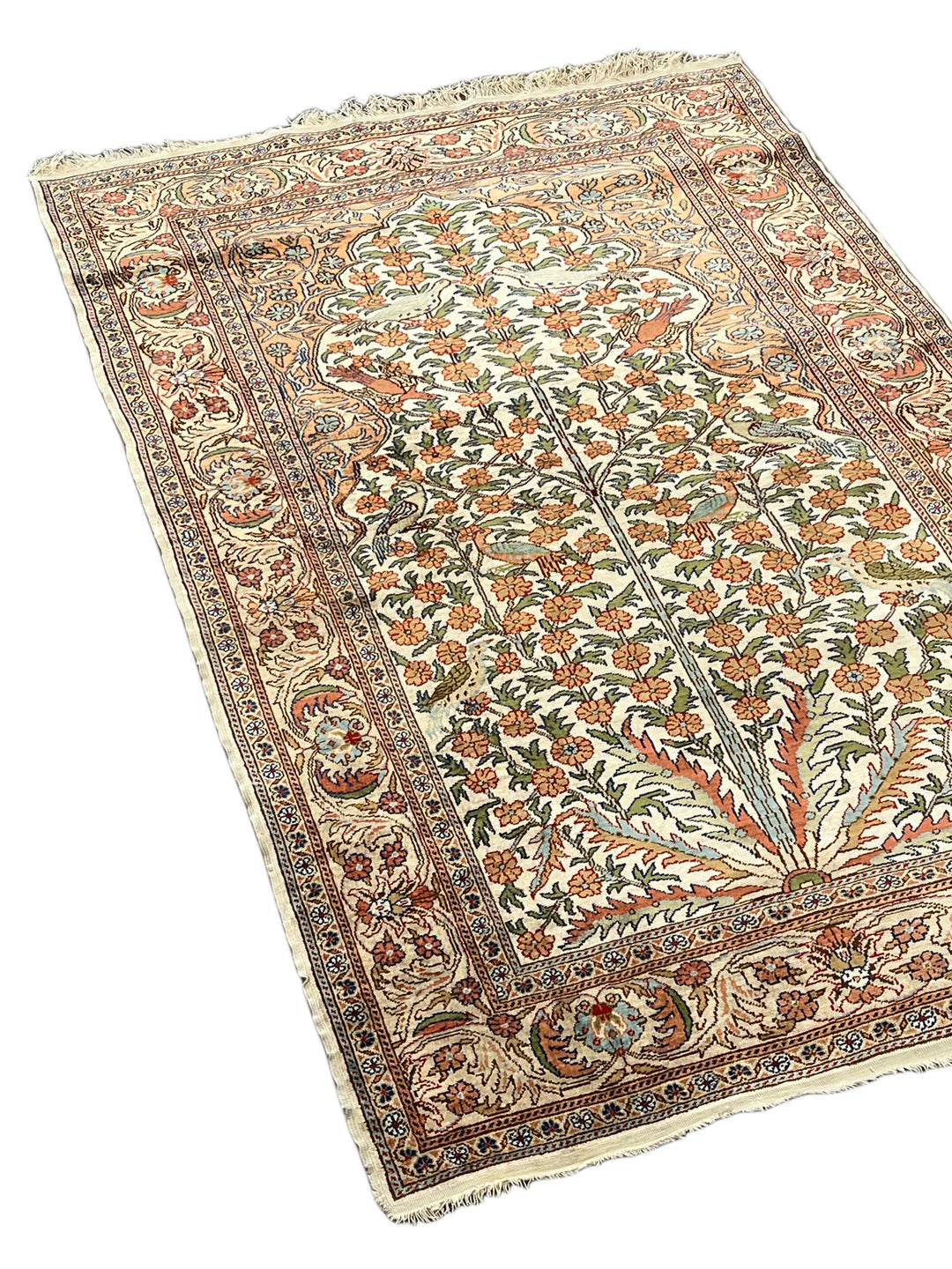 Ivory &amp; Salmon Turkish Silk Tree of Life Rug – 3’1” x 4’11”