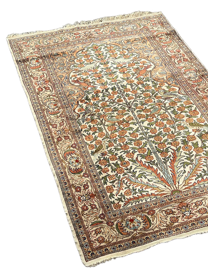 Ivory &amp; Salmon Turkish Silk Tree of Life Rug – 3’1” x 4’11”