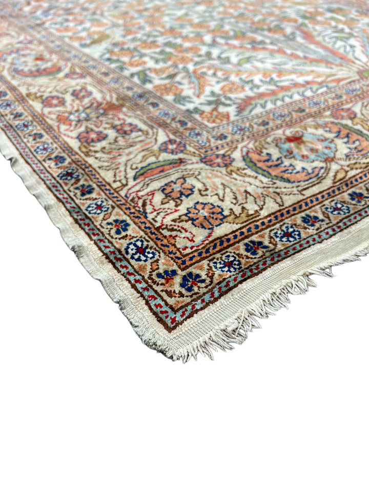 Ivory &amp; Salmon Turkish Silk Tree of Life Rug – 3’1” x 4’11”
