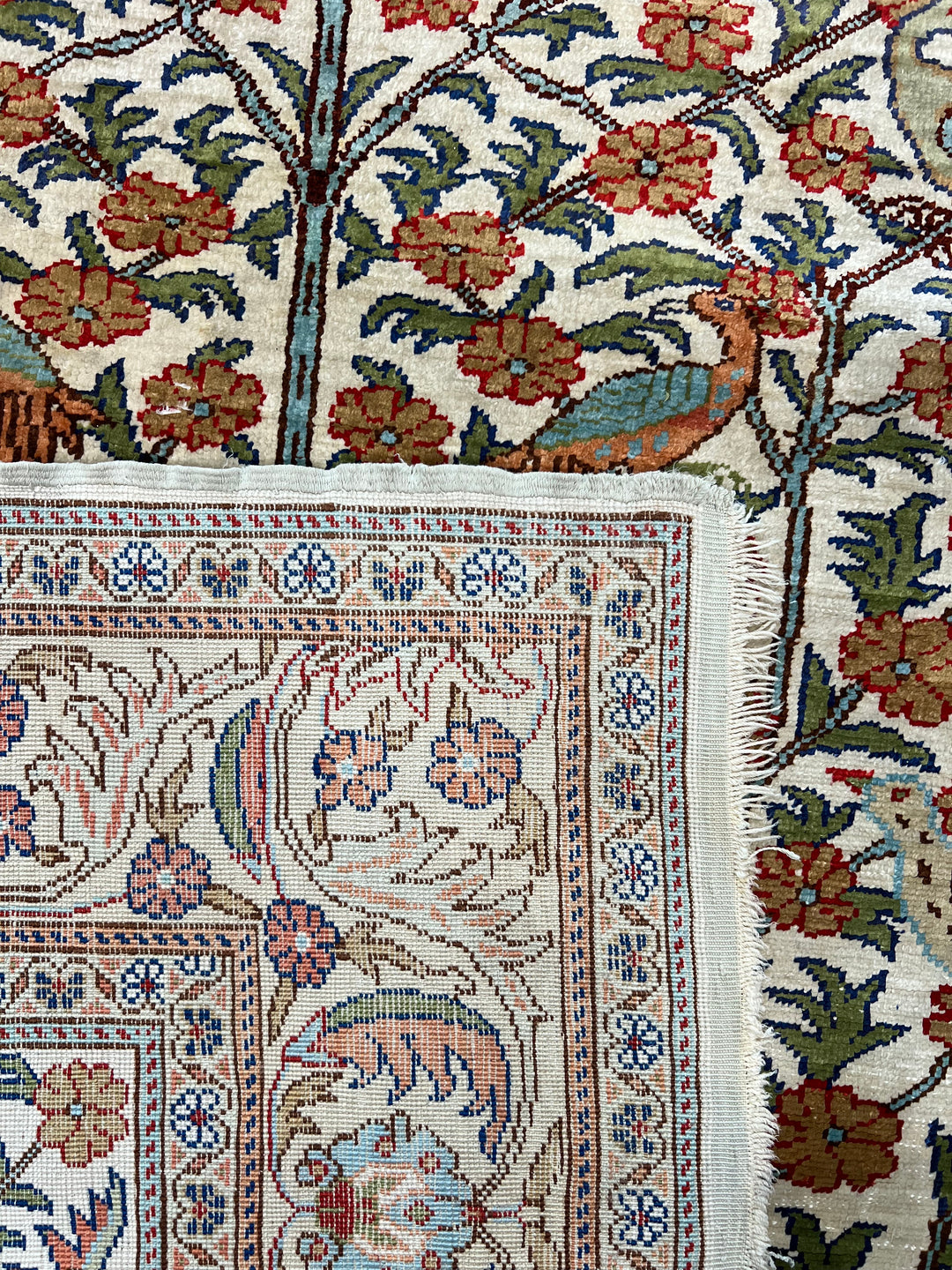 Ivory &amp; Salmon Turkish Silk Tree of Life Rug – 3’1” x 4’11”