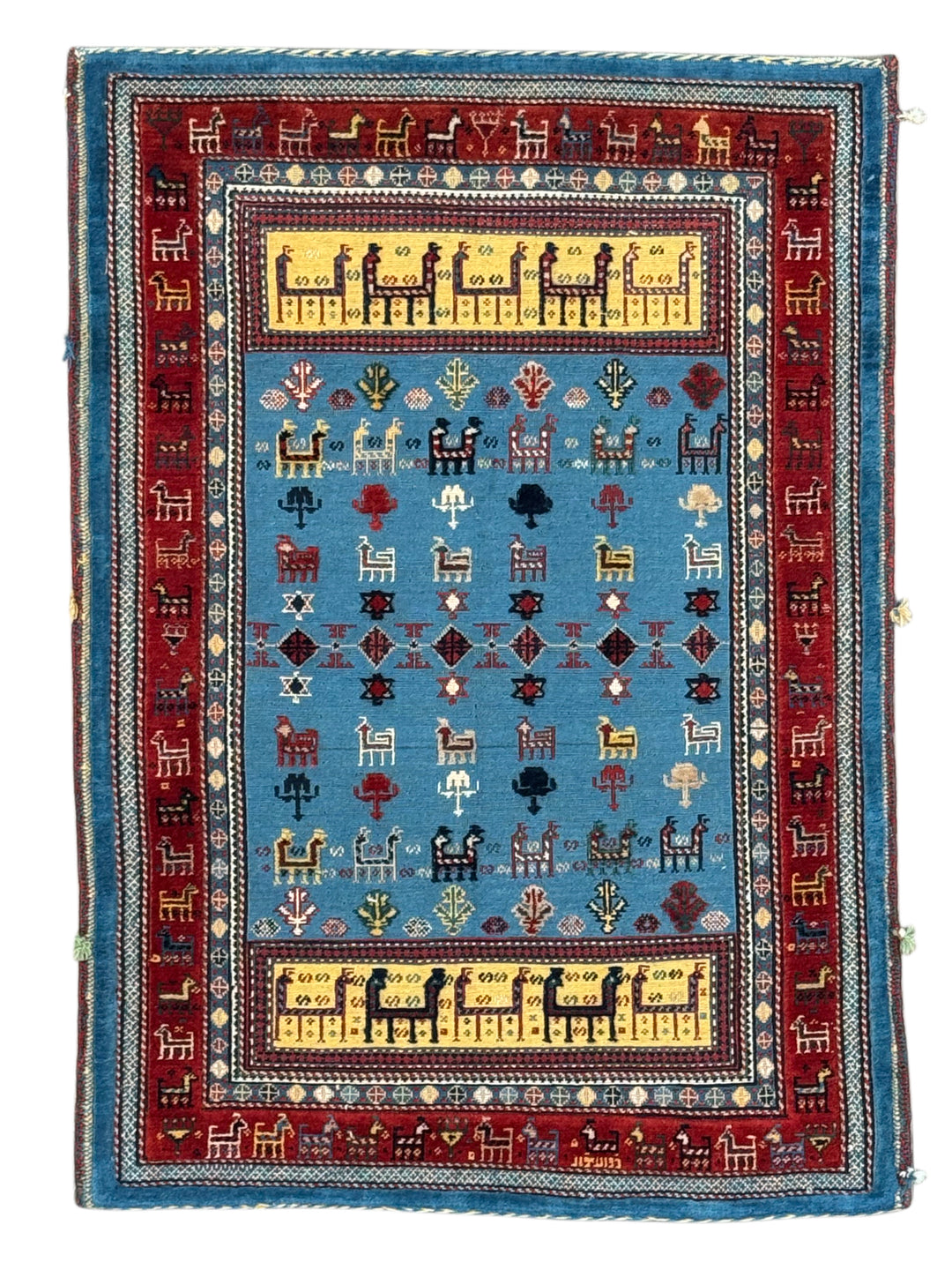 Blue &amp; Red Vintage Animal Motif Rug – 2’9” x 3’10”