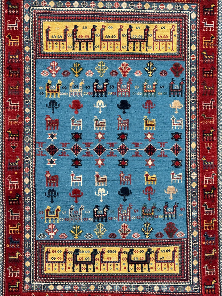 Blue &amp; Red Vintage Animal Motif Rug – 2’9” x 3’10”