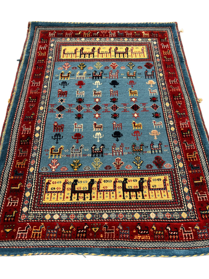 Blue &amp; Red Vintage Animal Motif Rug – 2’9” x 3’10”