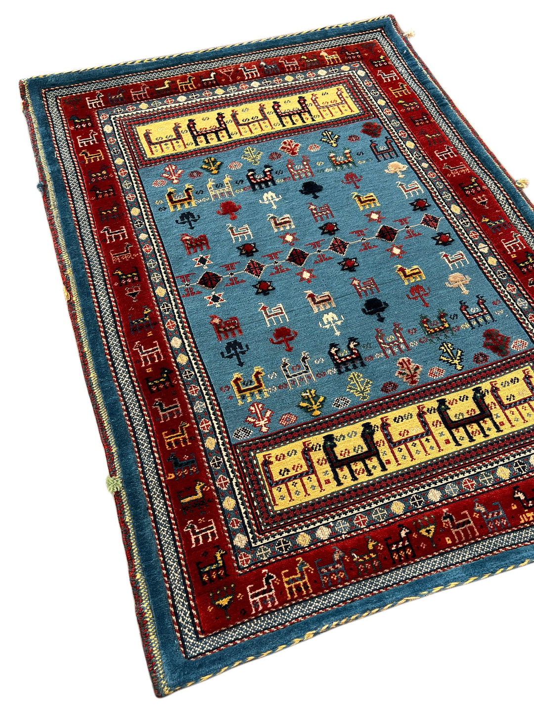 Blue &amp; Red Vintage Animal Motif Rug – 2’9” x 3’10”