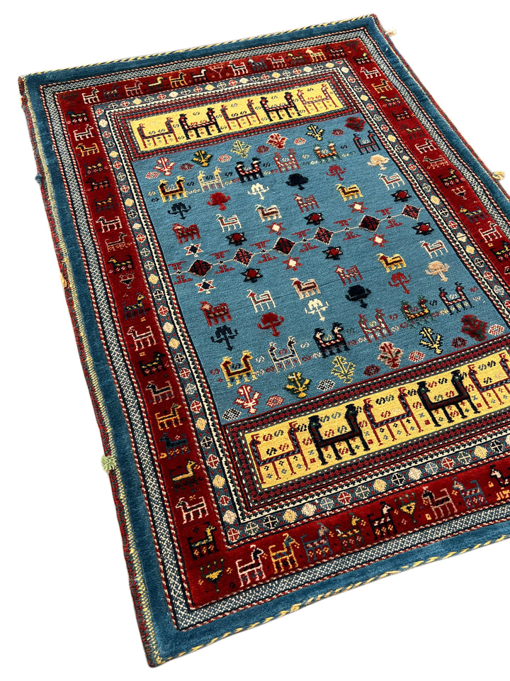 Blue &amp; Red Vintage Animal Motif Rug – 2’9” x 3’10”