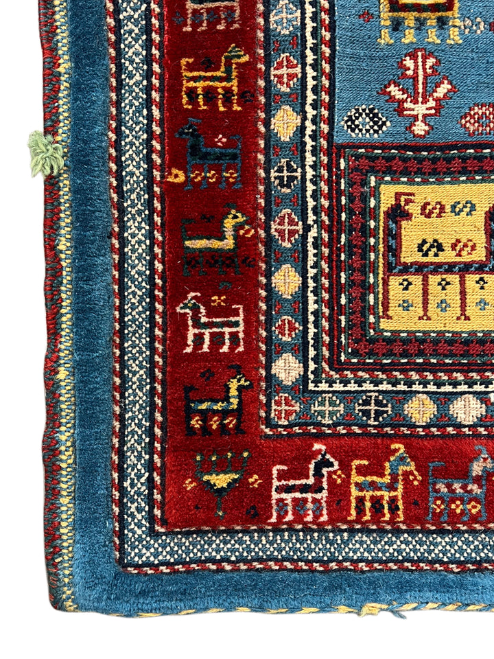 Blue &amp; Red Vintage Animal Motif Rug – 2’9” x 3’10”