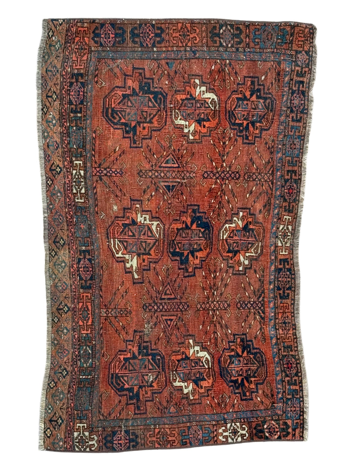 Antique Persian Bukhara Rug in Rust &amp; Deep Blue – Circa 1900 – 2’8” x 4’4”