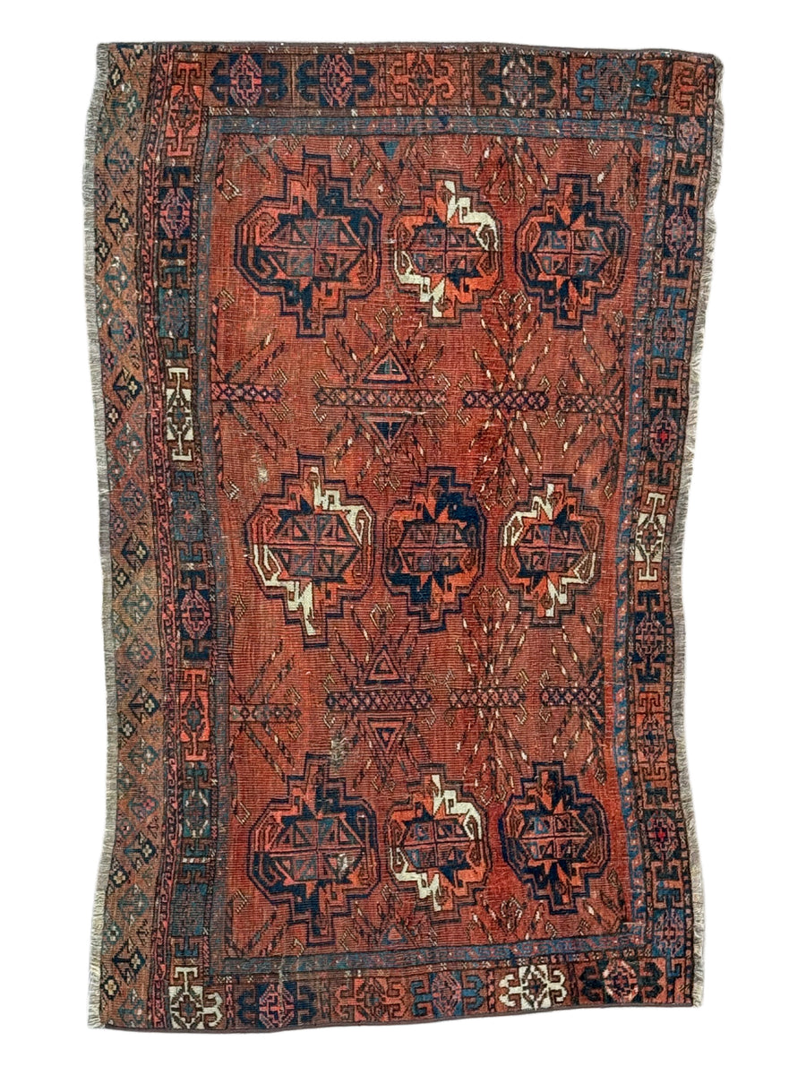 Antique Persian Bukhara Rug in Rust & Deep Blue – Circa 1900 – 2’8” x 4’4”