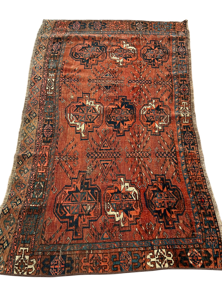 Antique Persian Bukhara Rug in Rust &amp; Deep Blue – Circa 1900 – 2’8” x 4’4”
