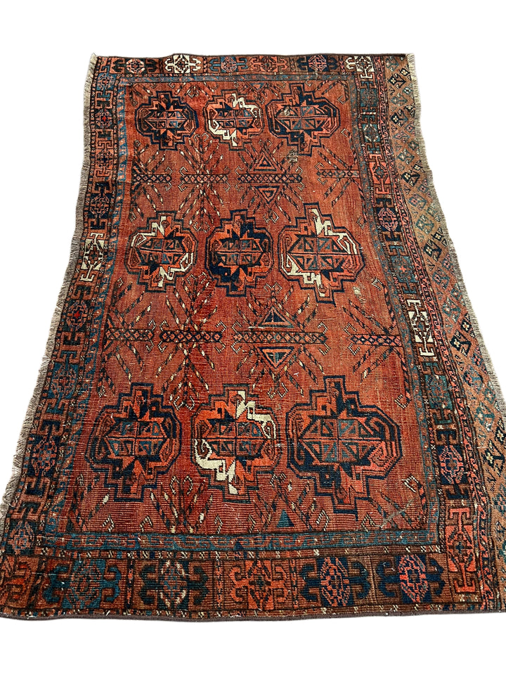 Antique Persian Bukhara Rug in Rust &amp; Deep Blue – Circa 1900 – 2’8” x 4’4”