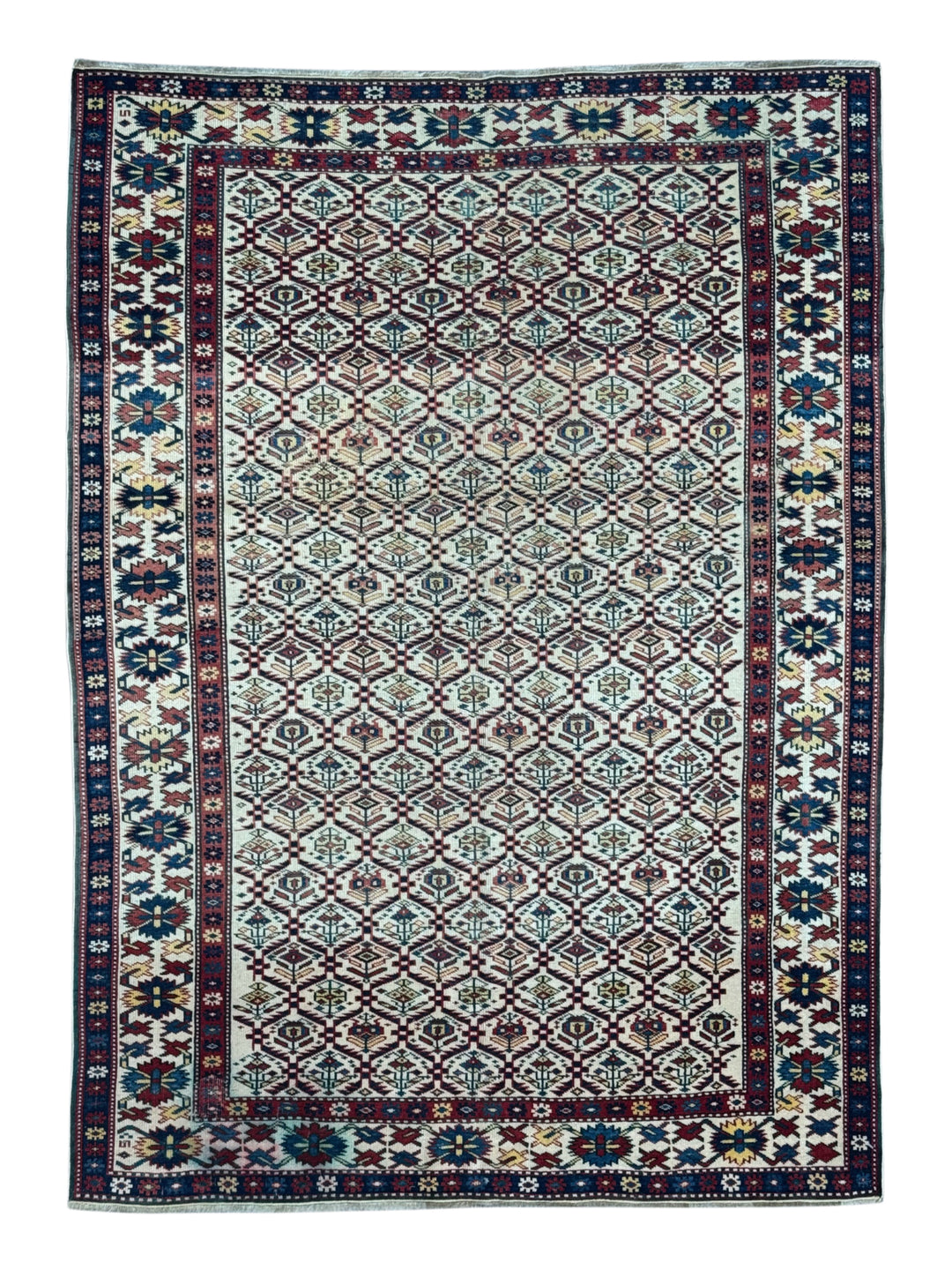 Ivory, Navy &amp; Red Russian Caucasian Style Rug – Circa 2000 – 4’6” x 6’1”