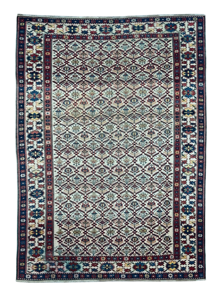 Ivory, Navy &amp; Red Russian Caucasian Style Rug – Circa 2000 – 4’6” x 6’1”