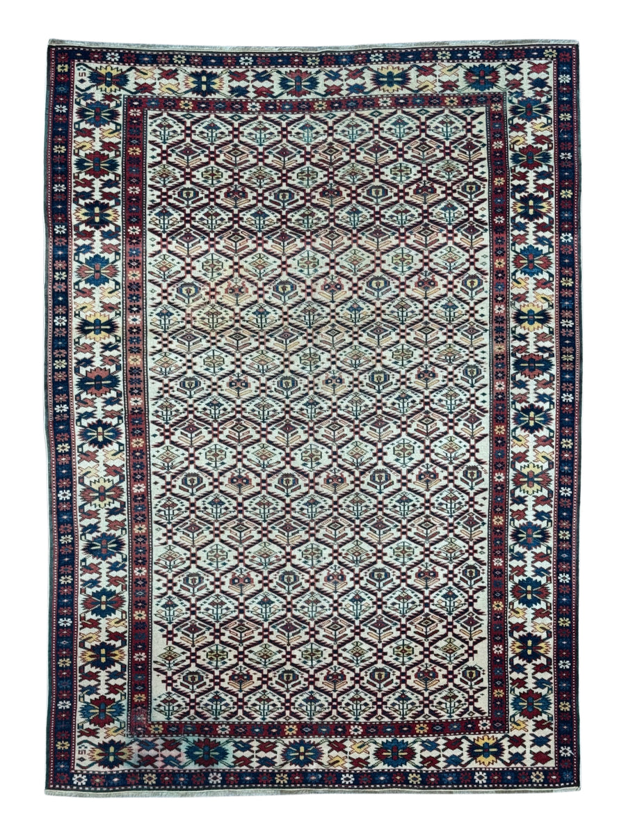 Ivory, Navy & Red Russian Caucasian Style Rug – Circa 2000 – 4’6” x 6’1”