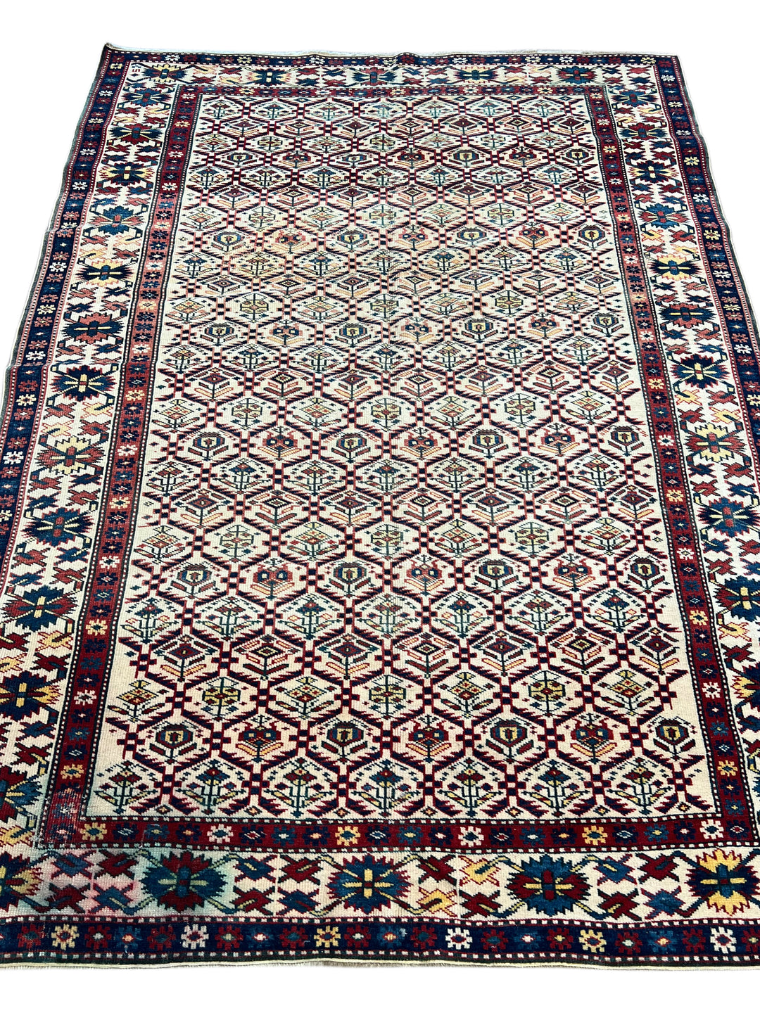 Ivory, Navy &amp; Red Russian Caucasian Style Rug – Circa 2000 – 4’6” x 6’1”