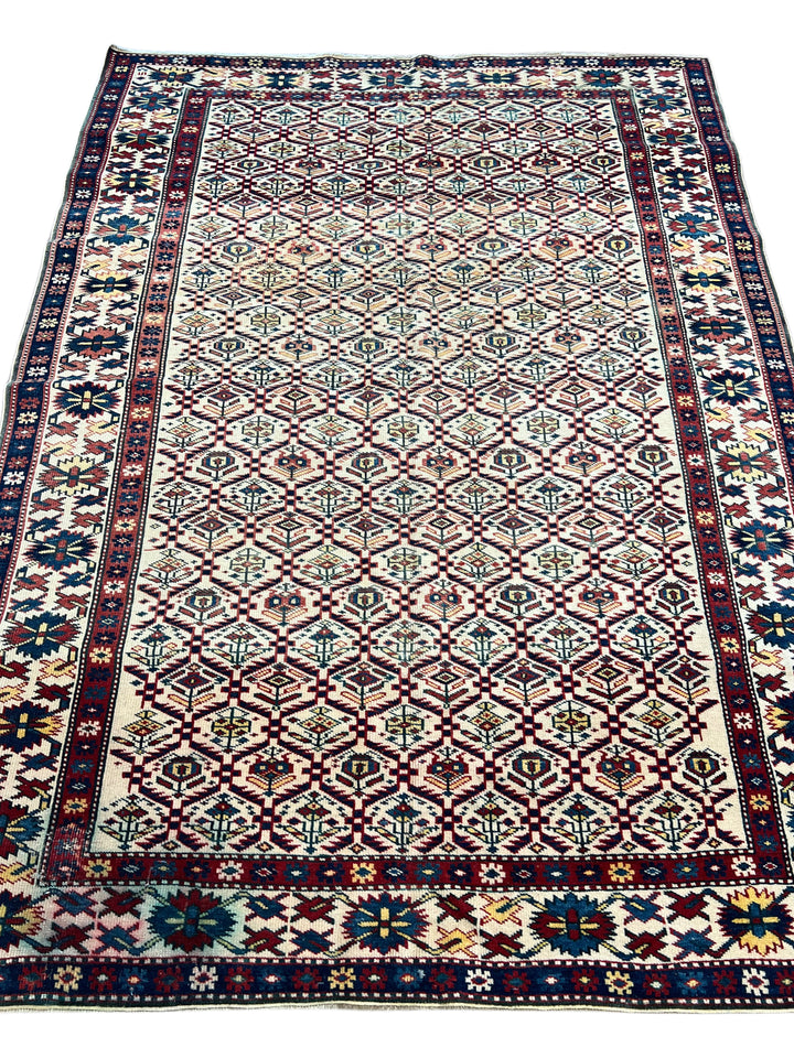 Ivory, Navy &amp; Red Russian Caucasian Style Rug – Circa 2000 – 4’6” x 6’1”