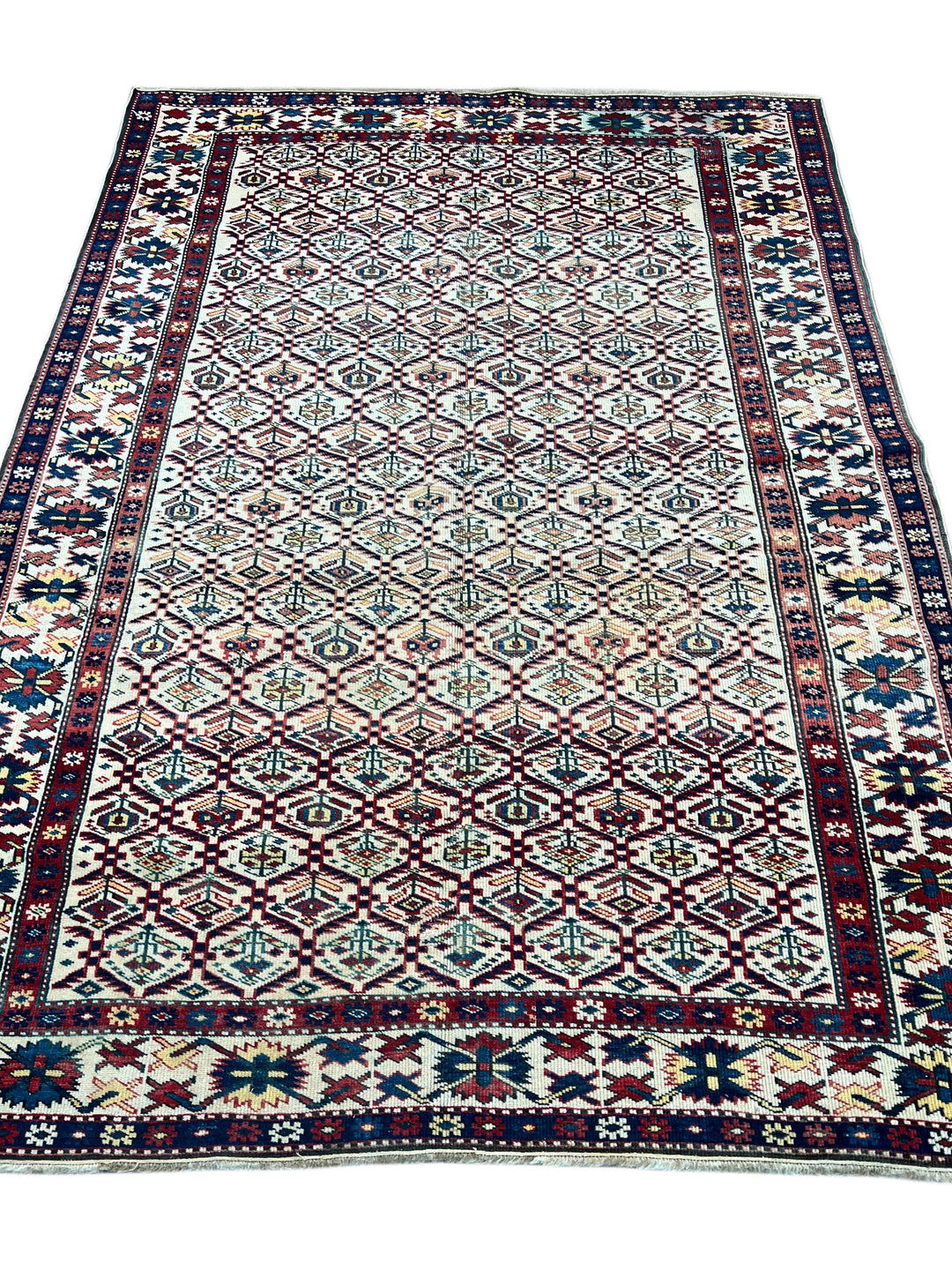Ivory, Navy &amp; Red Russian Caucasian Style Rug – Circa 2000 – 4’6” x 6’1”