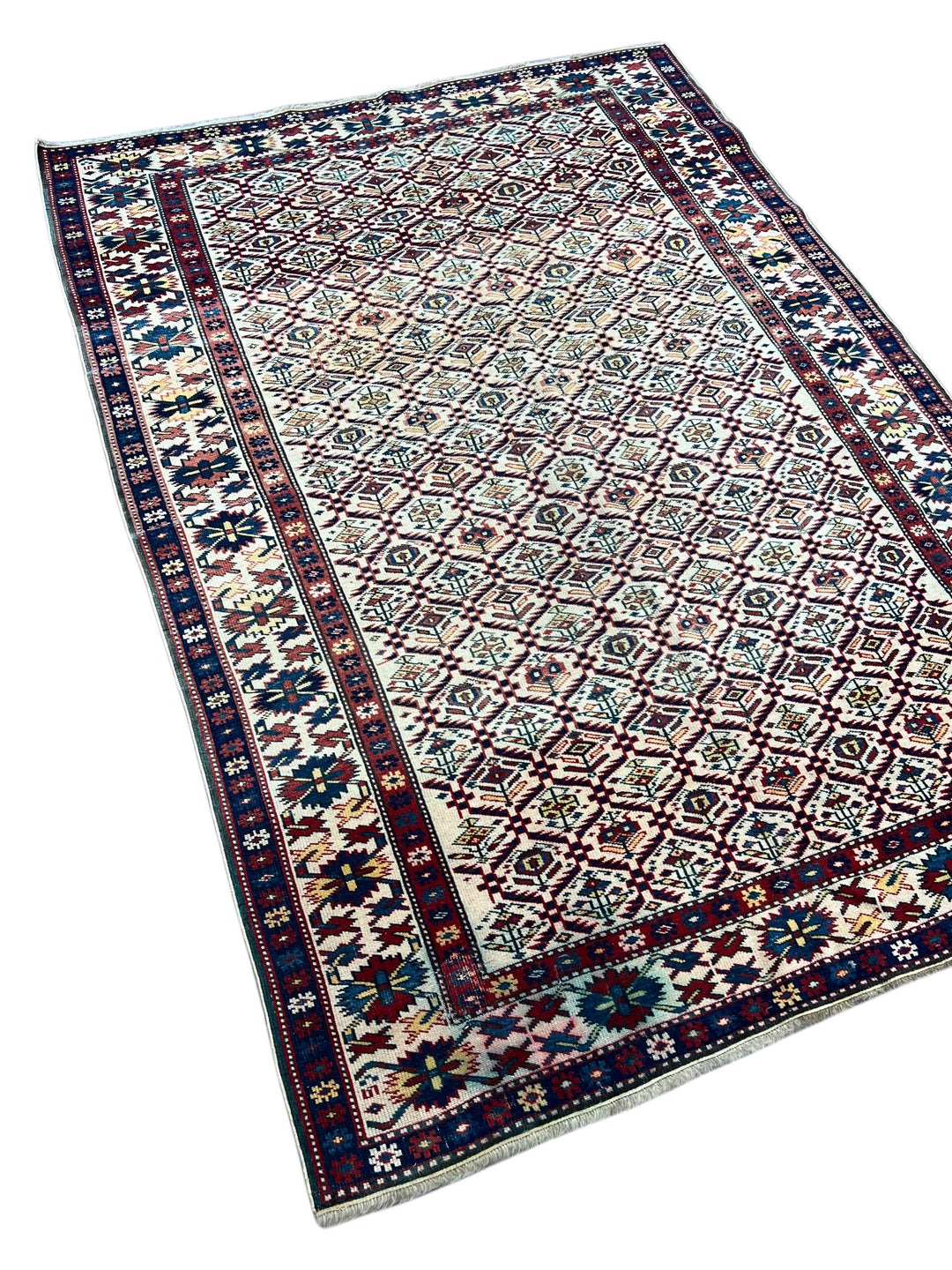 Ivory, Navy &amp; Red Russian Caucasian Style Rug – Circa 2000 – 4’6” x 6’1”