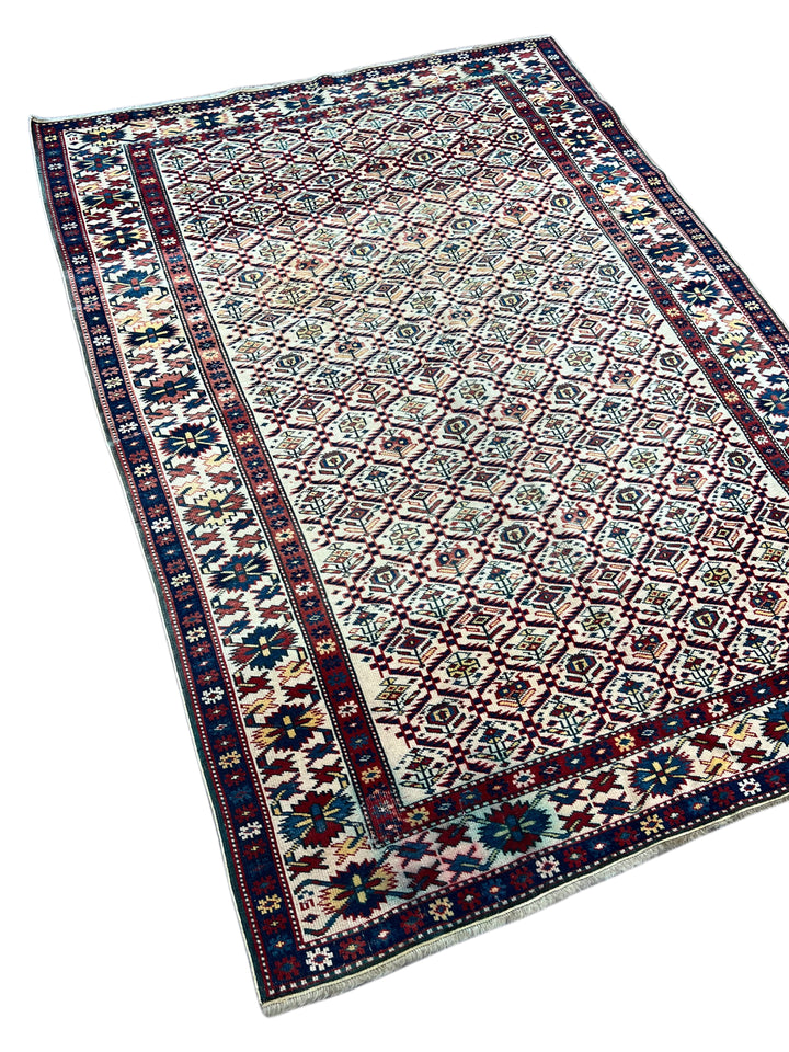 Ivory, Navy &amp; Red Russian Caucasian Style Rug – Circa 2000 – 4’6” x 6’1”