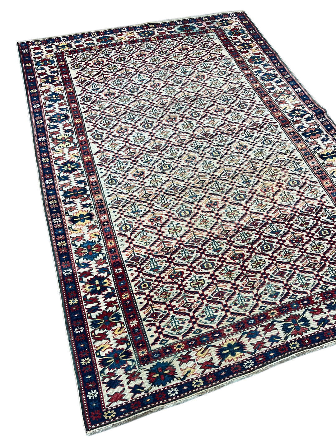 Ivory, Navy &amp; Red Russian Caucasian Style Rug – Circa 2000 – 4’6” x 6’1”