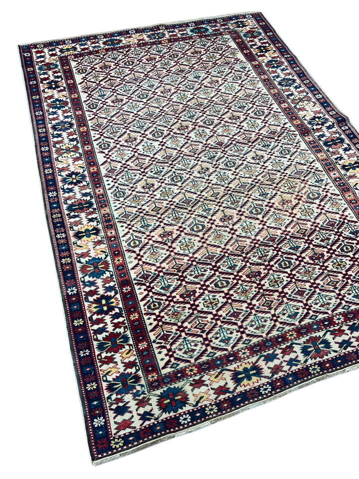 Ivory, Navy &amp; Red Russian Caucasian Style Rug – Circa 2000 – 4’6” x 6’1”