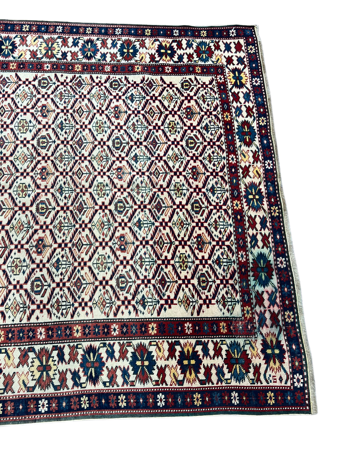 Ivory, Navy &amp; Red Russian Caucasian Style Rug – Circa 2000 – 4’6” x 6’1”