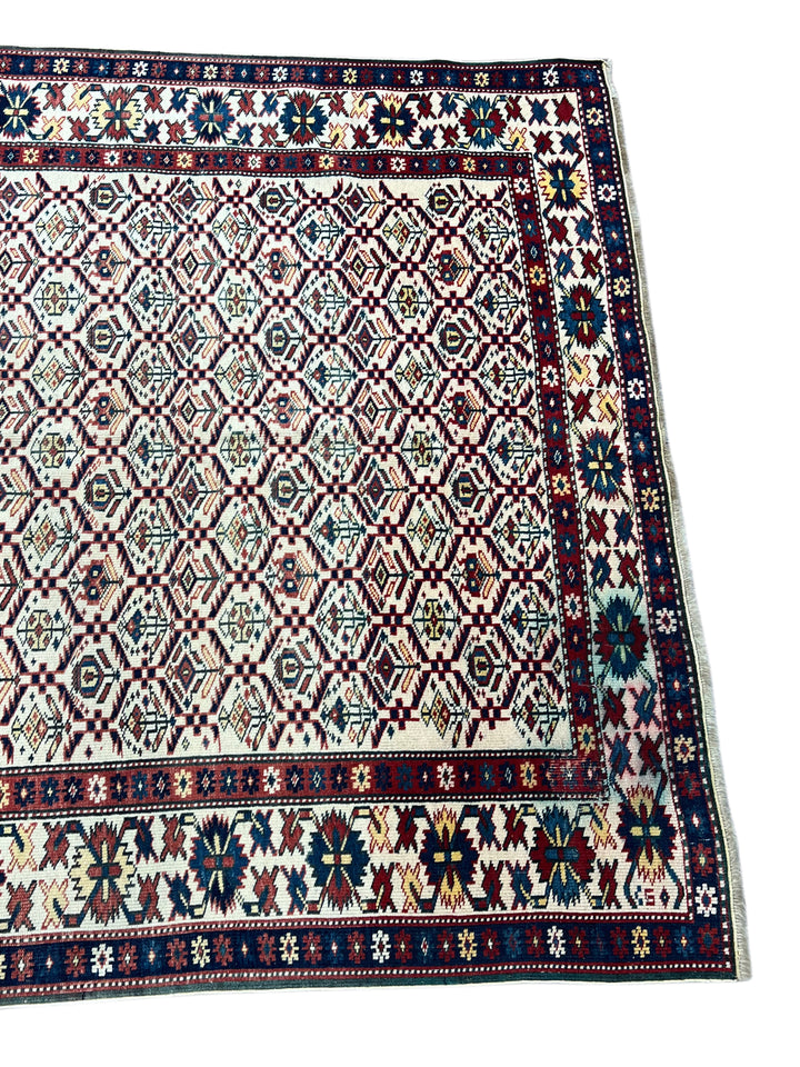 Ivory, Navy &amp; Red Russian Caucasian Style Rug – Circa 2000 – 4’6” x 6’1”