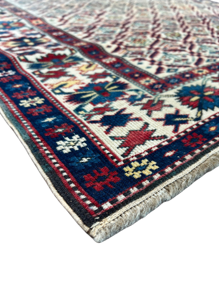 Ivory, Navy &amp; Red Russian Caucasian Style Rug – Circa 2000 – 4’6” x 6’1”